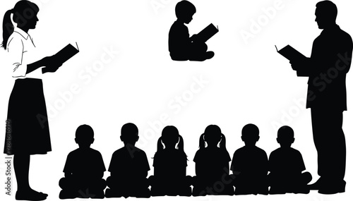 Black silhouette of teachers or parents reading books to a group of school children sitting on the floor in a classroom for education and literacy