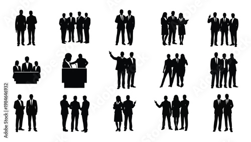 A collection of black silhouettes depicting diverse groups of business professionals in various interactions high quality