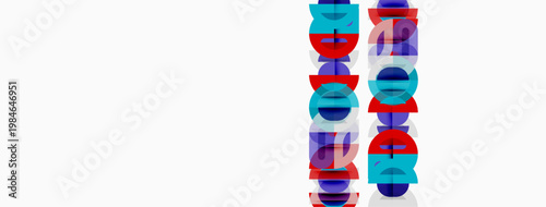 Vertical stacked rectangles display colorful text. Design features overlapping layers, creating vibrant visual effect. Minimalist composition.