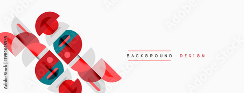 Abstract geometric shapes overlap, creating dynamic visual composition. Red, teal, gray elements contrast against white backdrop. Minimalist design.