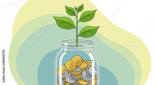 plant growing in jar with coins, savings concept