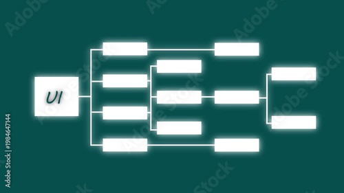Digital bracket diagram with UI initials and glowing white boxes on a teal background tournament competition