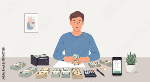 man counting money at desk with calculator and phone