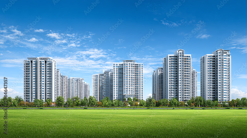 Fototapeta premium Modern skyscrapers stand tall against a clear blue sky, surrounded by lush green fields and vibrant landscape.