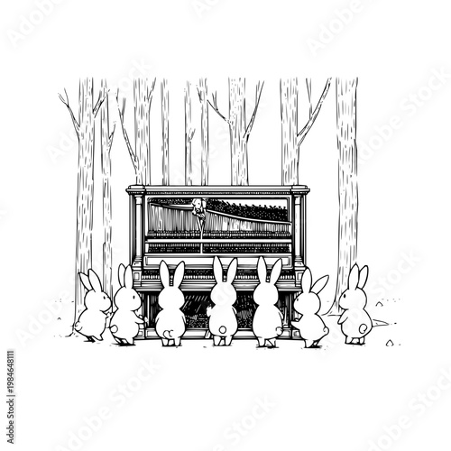 Group of rabbits gathered around a piano in a forest listening to music being played