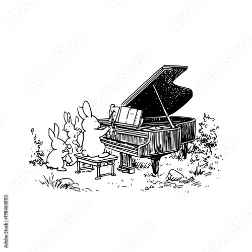 Two rabbits playing grand piano outdoors in garden with grass and plants