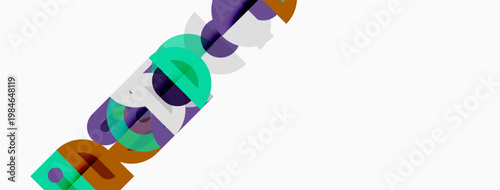 Abstract graphic design features colorful overlapping shapes forming letters. Minimalist composition with white background. Modern aesthetic.