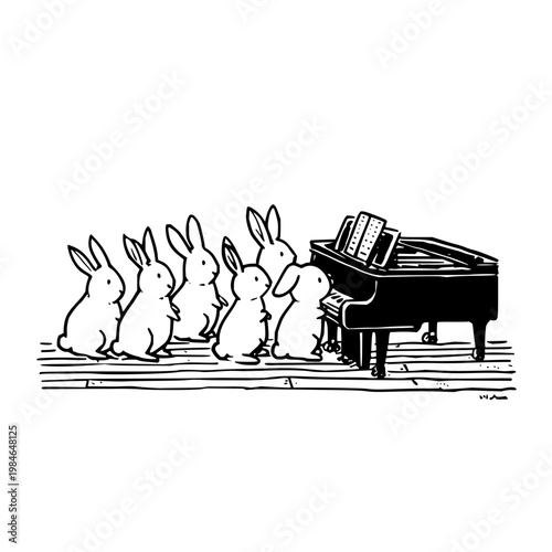 Group of rabbits listening to a rabbit play piano on stage with music sheets
