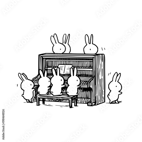 Group of rabbits playing piano together in a musical band illustration