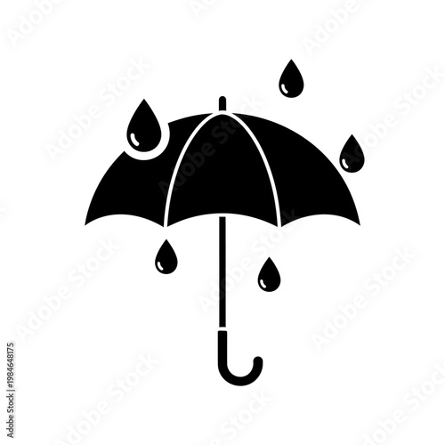 Black silhouette icon of an umbrella with raindrops falling during a rainstorm.