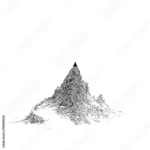 A serene black and white illustration of a person standing on a rugged rocky mountain peak with a temple at the summit conveying solitude and contemplation