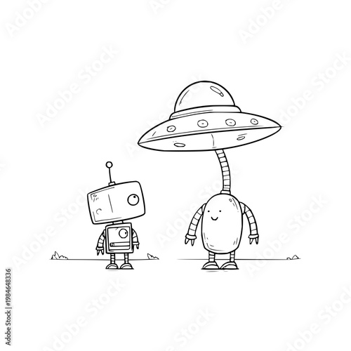 Robot and alien friend standing under spaceship futuristic cartoon duo sci fi illustration with ufo