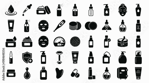 Set of skincare icons featuring serums, creams, masks, and hydra
