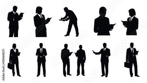 A collection of silhouette figures depicting various business professionals in different poses and activities high quality