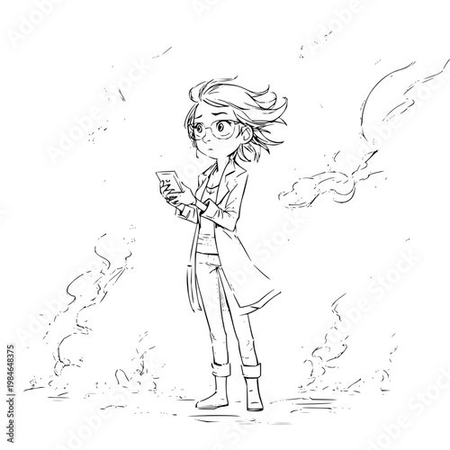 A young woman with flowing hair stands outdoors engrossed in her smartphone surrounded by dynamic windblown smoke or fog