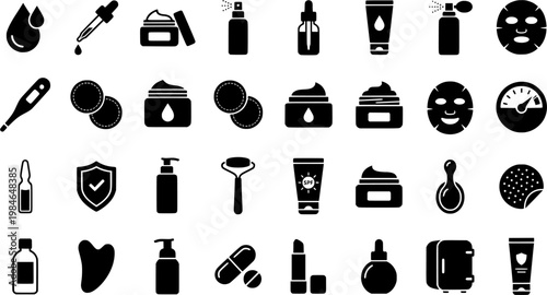 Set of skincare icons featuring serums, creams, masks, and hydra

