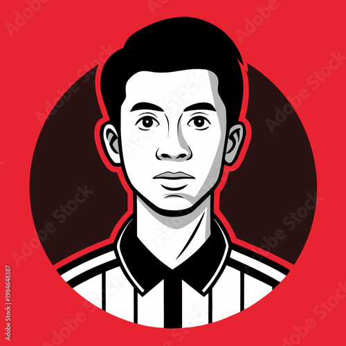 Stylized portrait of a young man with dark hair in a circular frame