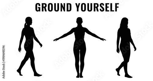 Silhouettes of diverse women in motion with grounding message