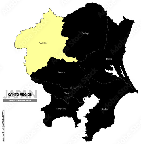 [日本地図] 関東地方の群馬県の都県名入り位置地図 (英語)