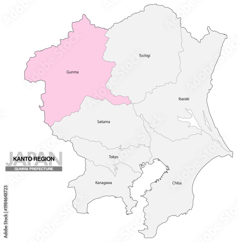 [日本地図] 関東地方の群馬県の都県名入り位置地図 (英語)