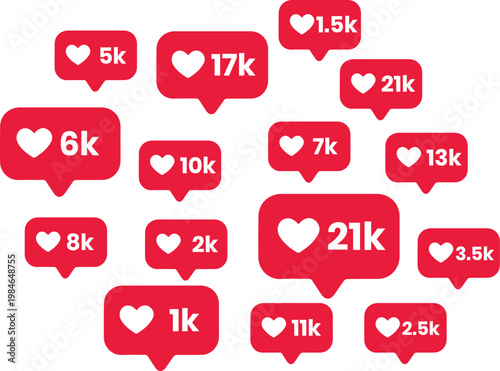 A collection of red heart-shaped speech bubbles displaying varying like counts on social media. high-quality