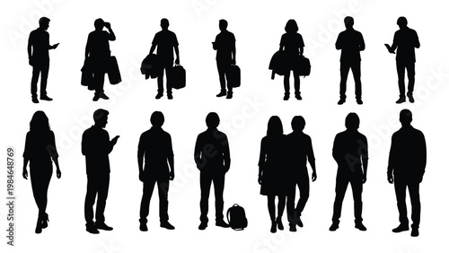 A collection of diverse silhouetted figures including individuals carrying bags and using mobile phones high quality