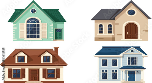 Stylish Residential Houses Vector Set with Modern and Classic Home Designs, Colorful Architecture Collection for Real Estate, Urban Living, and Property Illustration.