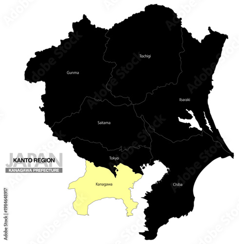 [日本地図] 関東地方の神奈川県の都県名入り位置地図 (英語)