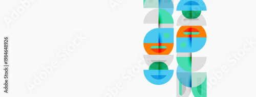 Abstract geometric shapes, circles, plus signs. Teal, orange, light blue colors dominate composition. Minimalist design, clean aesthetic.