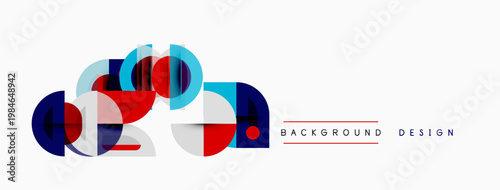 Abstract geometric shapes overlap, creating modern design. Red, blue, white colors dominate composition. Minimalist style.