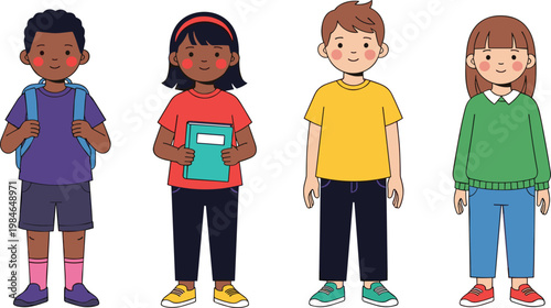 Diverse School Kids Characters Vector Illustration with Multicultural Children, Cute Students Collection for Education, Classroom, Childhood, and Learning Design Projects.