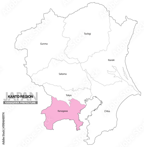 [日本地図] 関東地方の神奈川県の都県名入り位置地図 (英語)