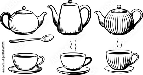 Hand-drawn black and white teapots, cups, and spoon, with steaming hot beverages