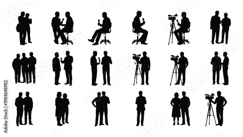 A collection of black silhouette figures depicting various interactions and media professionals high quality professional detailed