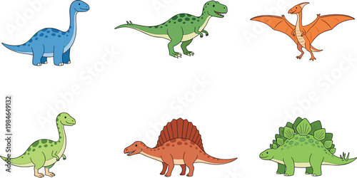 Cute Dinosaur Characters Vector Set with Various Prehistoric Animals, Cartoon Dino Collection for Kids Education, Jurassic Theme, and Fun Illustration Design.