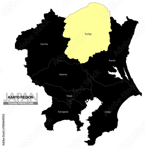 [日本地図] 関東地方の栃木の都県名入り位置地図 (英語)