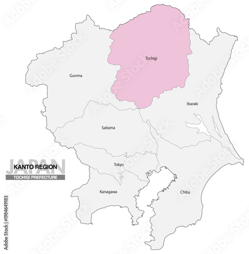 [日本地図] 関東地方の栃木の都県名入り位置地図 (英語)