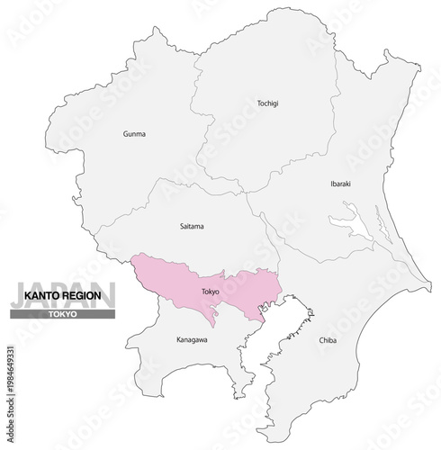 [日本地図] 関東地方の東京都の都県名入り位置地図 (英語)