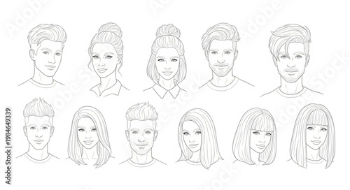 Collection of Diverse Hand Drawn Faces in Sketch Style.