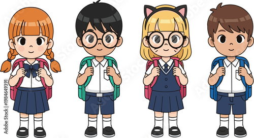 Cute School Kids Characters Vector Set with Backpacks, Cartoon Students Collection for Education, Classroom, Childhood, and Back to School Illustration Design.