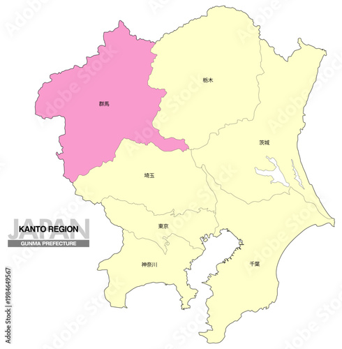 [日本地図] 関東地方の群馬県の都県名入り位置地図