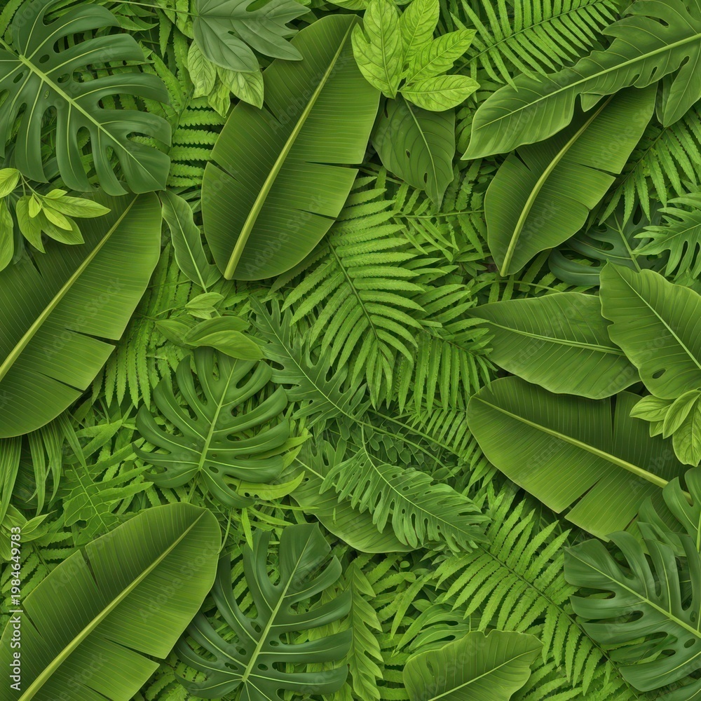Fototapeta premium Lush tropical foliage wallpaper with dense green leaf patterns and vibrant textures