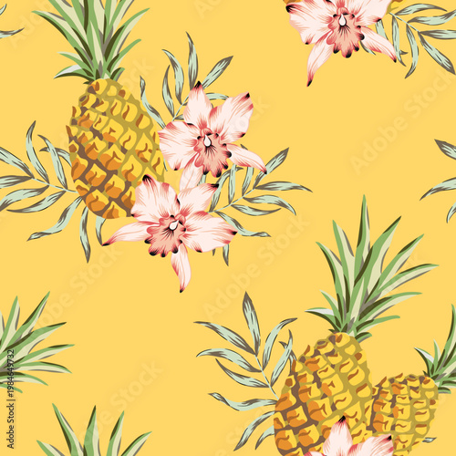 Tropical pineapple fruits, pink orchid flowers, leaves, yellow  background. Seamless pattern. Vector illustration. Exotic plants. Summer beach design. Paradise nature