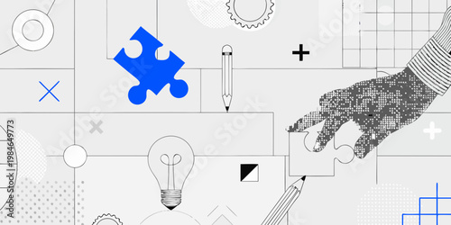 Abstract composition featuring puzzle pieces a hand and creative elements
