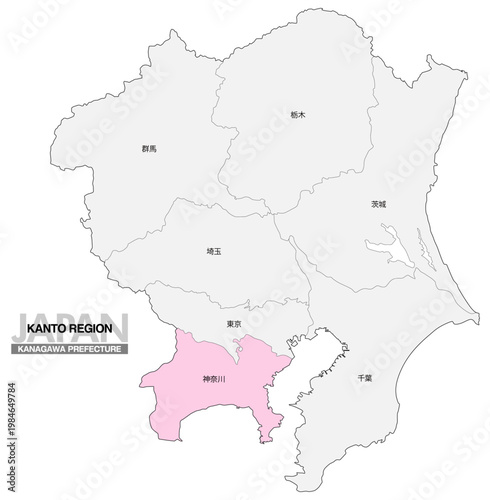 [日本地図] 関東地方の神奈川県の都県名入り位置地図
