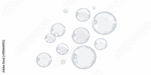 Collection of translucent bubbles floating against a plain white background