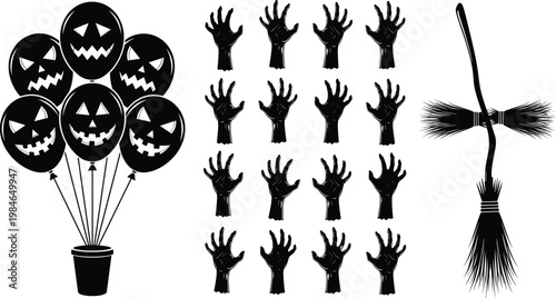 Halloween Silhouette Elements Vector Set with Spooky Pumpkin Balloons, Creepy Zombie Hands, and Witch Broom Icons for Horror Party, Decoration, and Dark Design.
