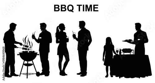 Silhouettes of people enjoying a barbecue gathering with food and drinks on a white background