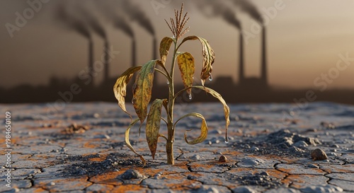 A withered plant struggles to survive amidst industrial pollution and toxic waste.