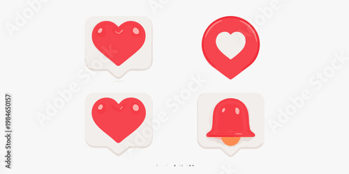 Four red icons hearts location and notification bell shapes